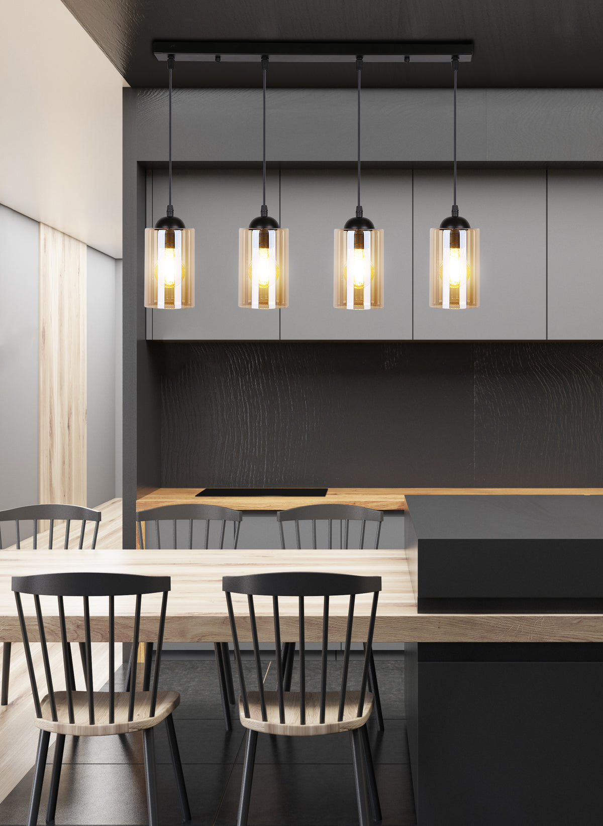 Bistro lampa wisząca czarny 4x40W E27 klosz brązowy