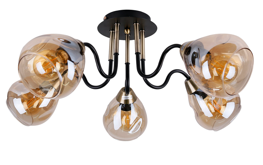 Unica lampa sufitowa czarny+złoty 5x40W E27 klosz dymiony