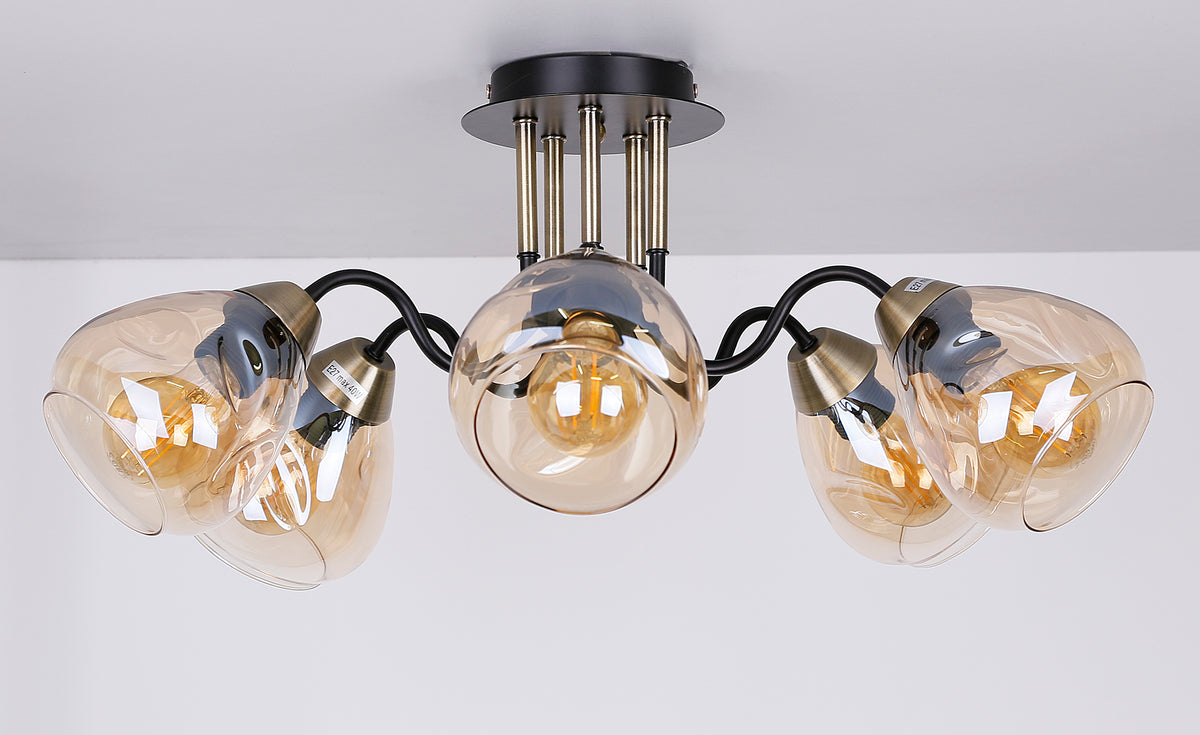 Unica lampa sufitowa czarny+złoty 5x40W E27 klosz dymiony