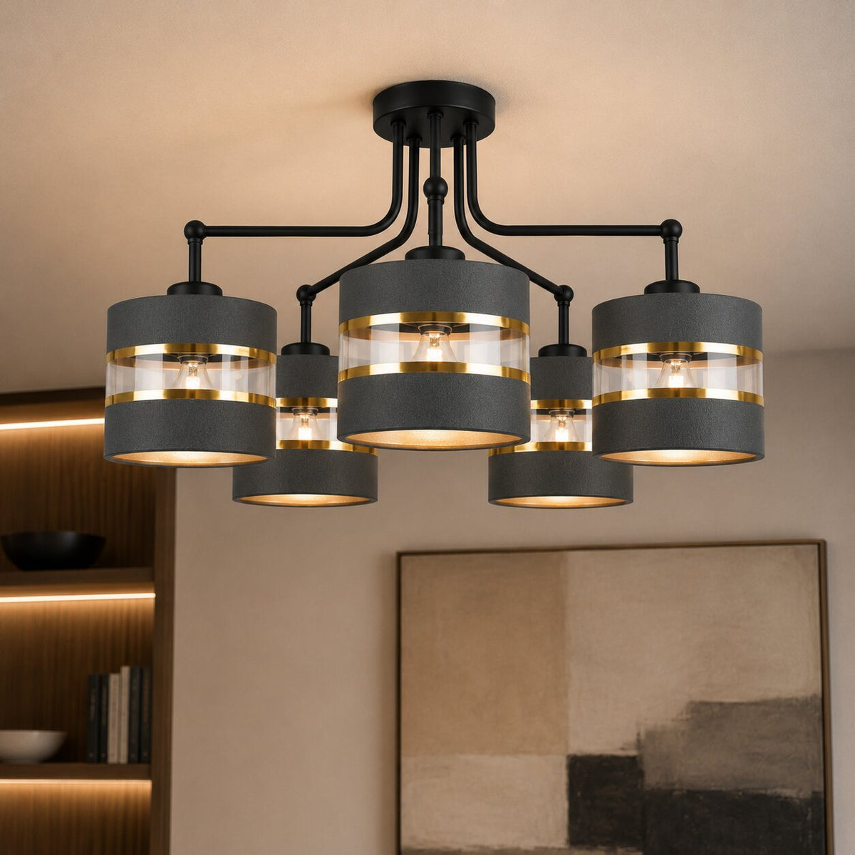 Andy lampa wisząca czarny 5x40W E27 abażur czarny+złoty