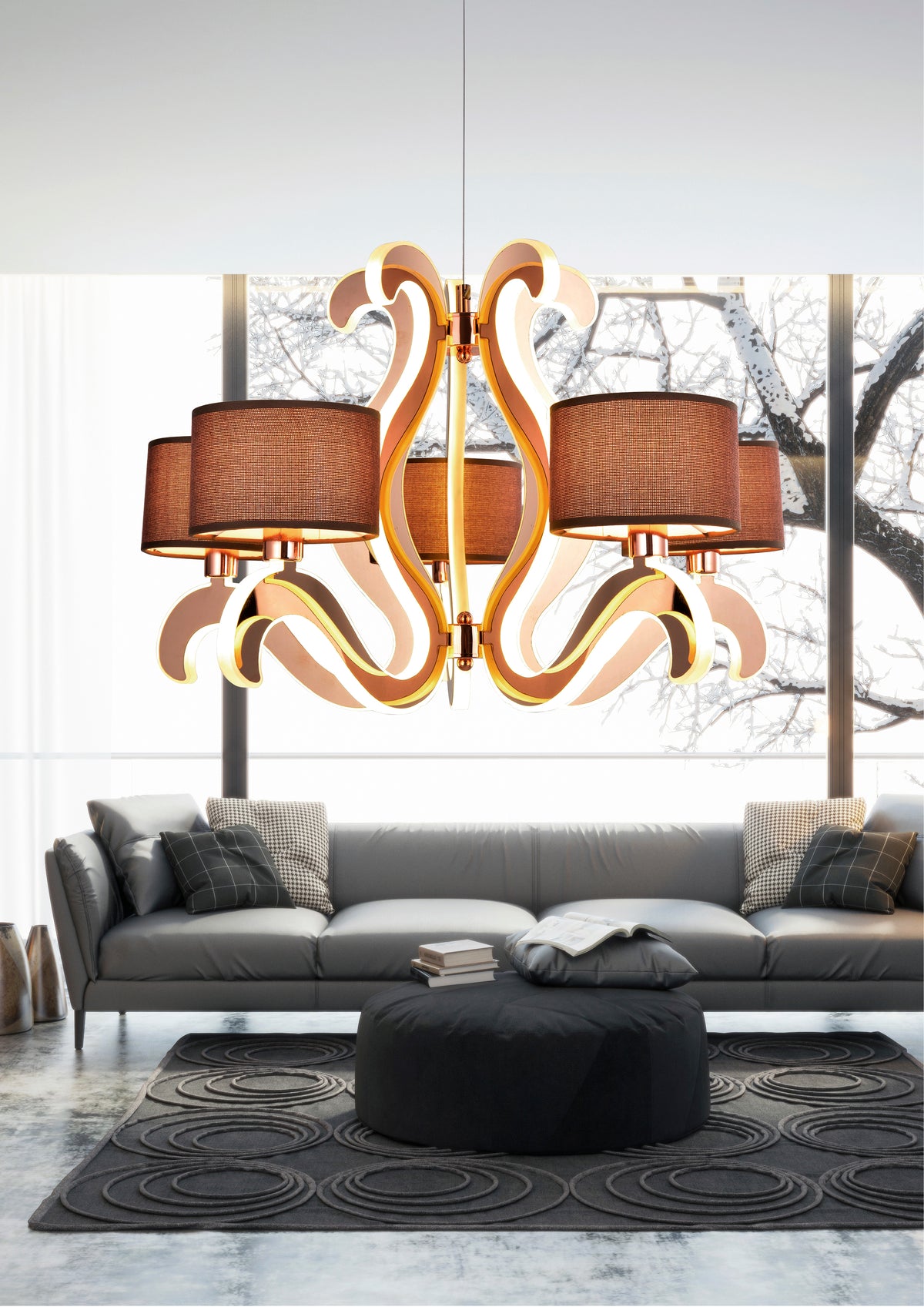 AMBROSIA 3 lampa wisząca 5x40W E14 + 43,4W LED miedziany