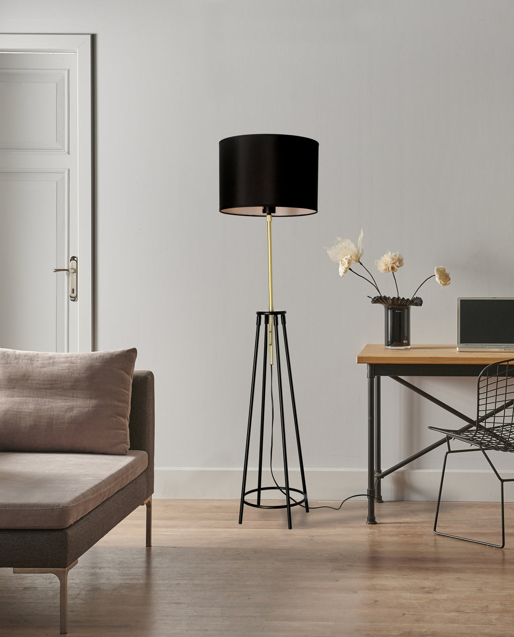 TEGOLA lampa podłogowa czarny+złoty matowy 1x60W E27 abażur czarny