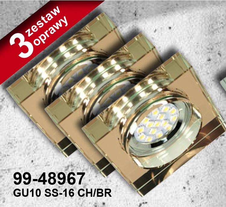 ZESTAW TRZECH OPRAW SS-16 CH/BR GU10 LED Z ŻARÓWKĄ LED OPR. STROP. STAŁA KWADRATOWA SZKŁO BRĄZOWE