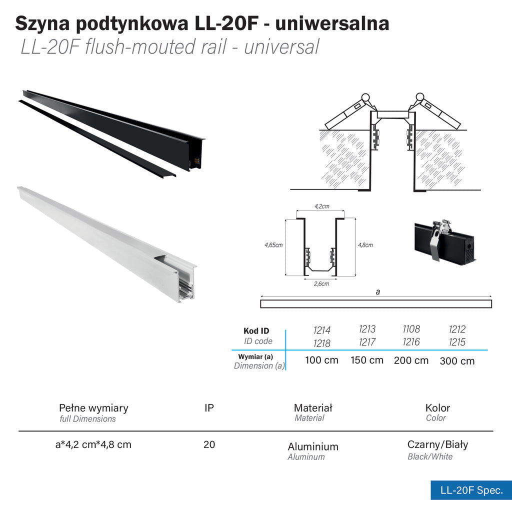Szyna magnetyczna Podtynkowa LL-20F czarna 200cm