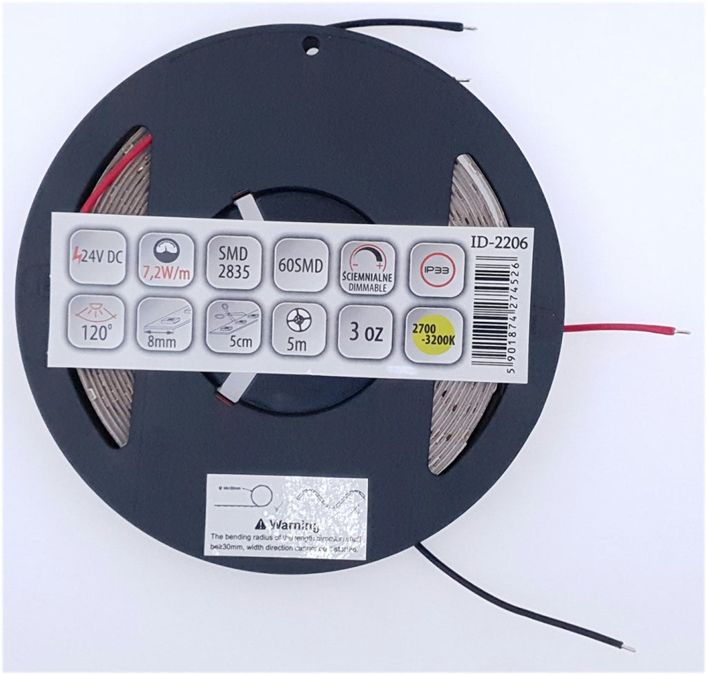 Taśma LED 60 SMD 2835 IP33 3000K 24V 7,2W, 3 lata gwarancji, rolka 5M