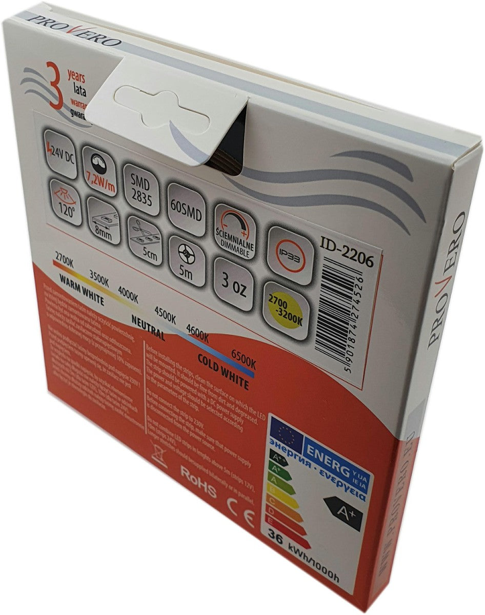 Taśma LED 60 SMD 2835 IP33 3000K 24V 7,2W, 3 lata gwarancji, rolka 5M