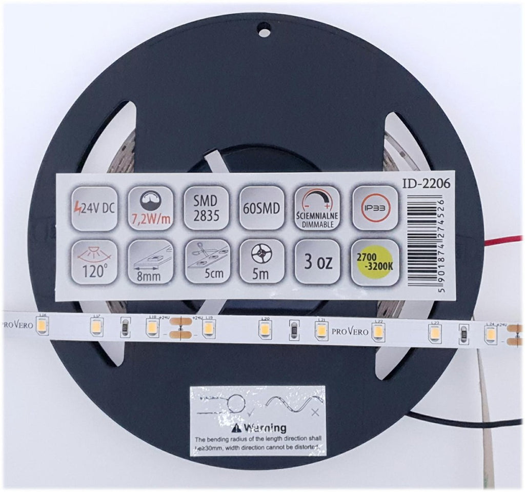 Taśma LED 60 SMD 2835 IP33 3000K 24V 7,2W, 3 lata gwarancji, rolka 5M