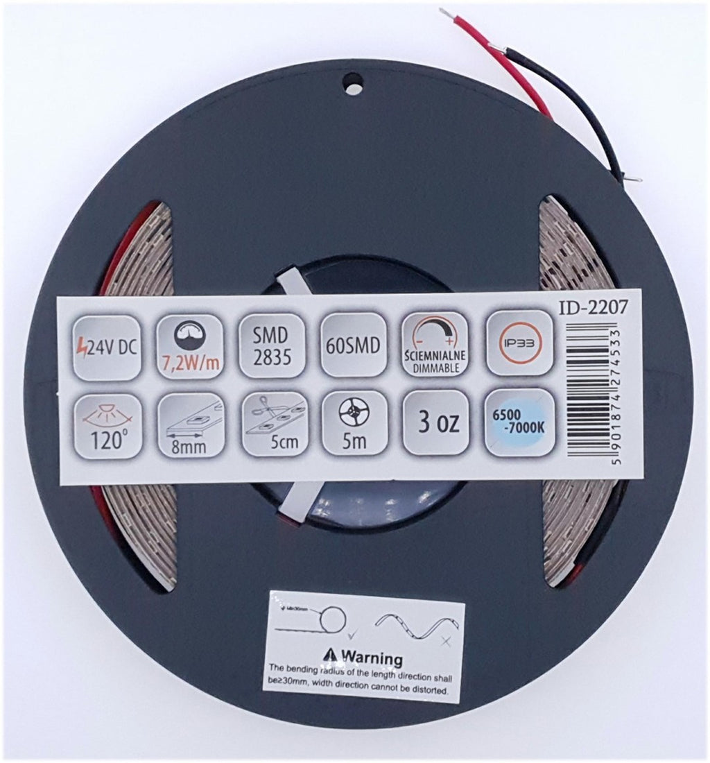 Taśma LED 60 SMD 2835 IP20 6500K 24V7,2W, 3 lata gwarancji, rolka 5m