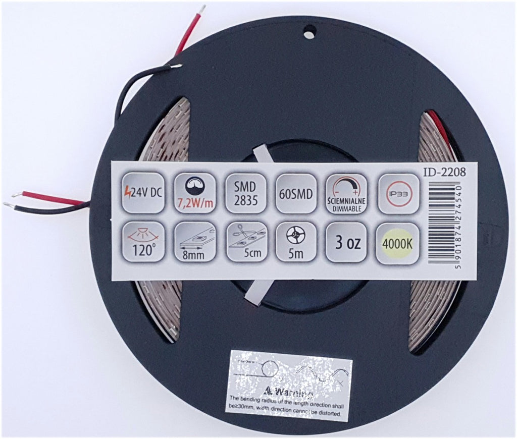 Taśma LED 60 SMD 2835 IP33 - 4000K 24V 7,2W, 3 lata gwarancji, rolka 5m
