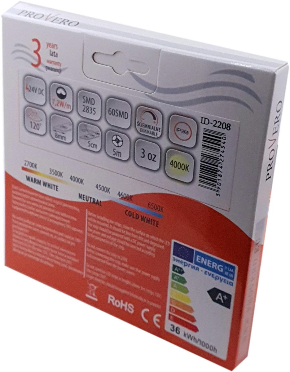 Taśma LED 60 SMD 2835 IP33 - 4000K 24V 7,2W, 3 lata gwarancji, rolka 5m