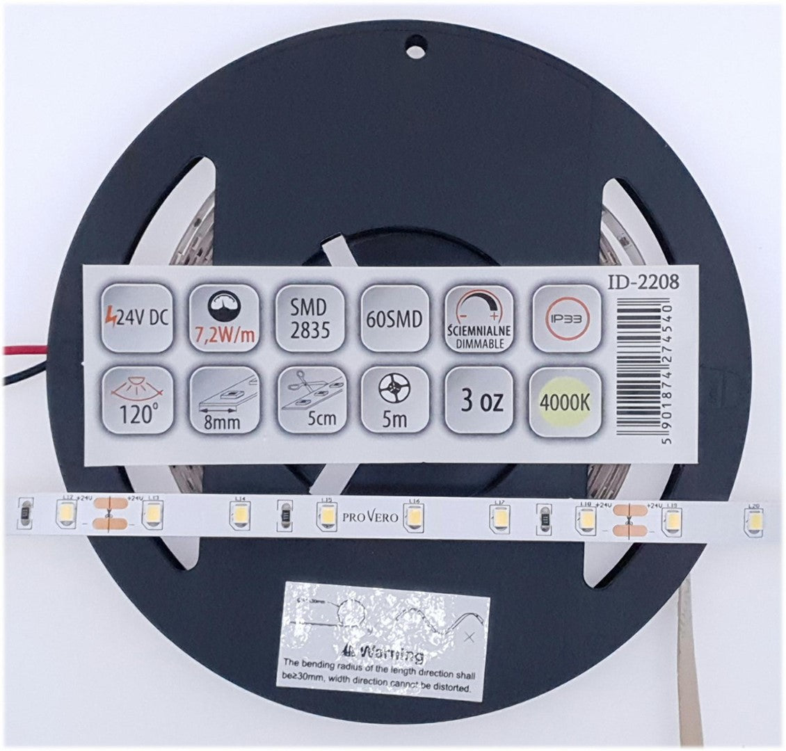 Taśma LED 60 SMD 2835 IP33 - 4000K 24V 7,2W, 3 lata gwarancji, rolka 5m