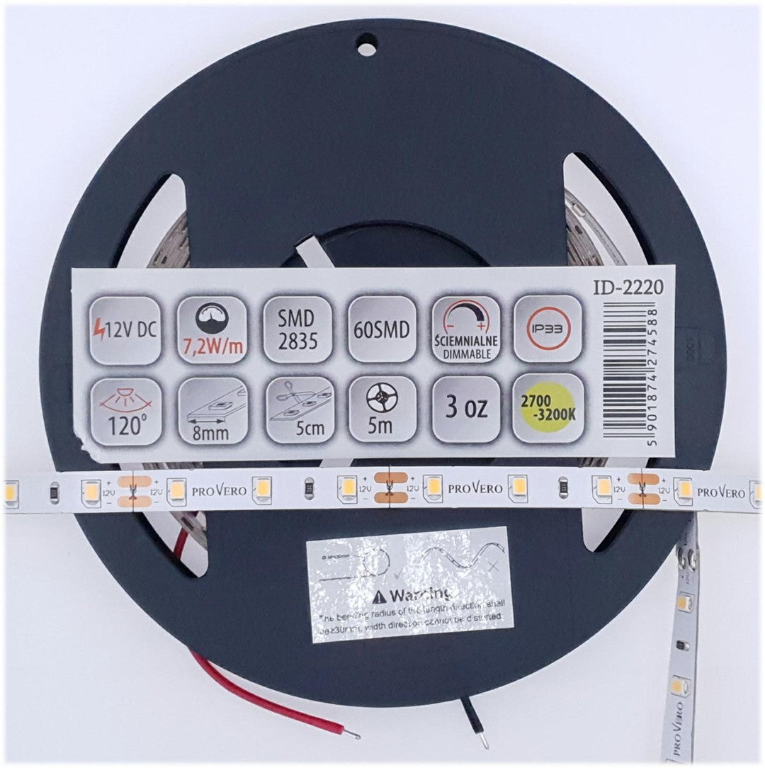 Taśma LED PRO 60 SMD 2835 IP33 3000K 7,2W, 3 lata gwarancji, rolka 5m