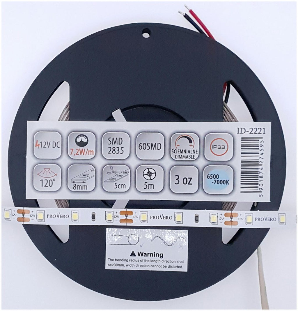 Taśma LED PRO 60 SMD 2835 IP33 6500K7,2W, 3 lata gwarancji, rolka 5m