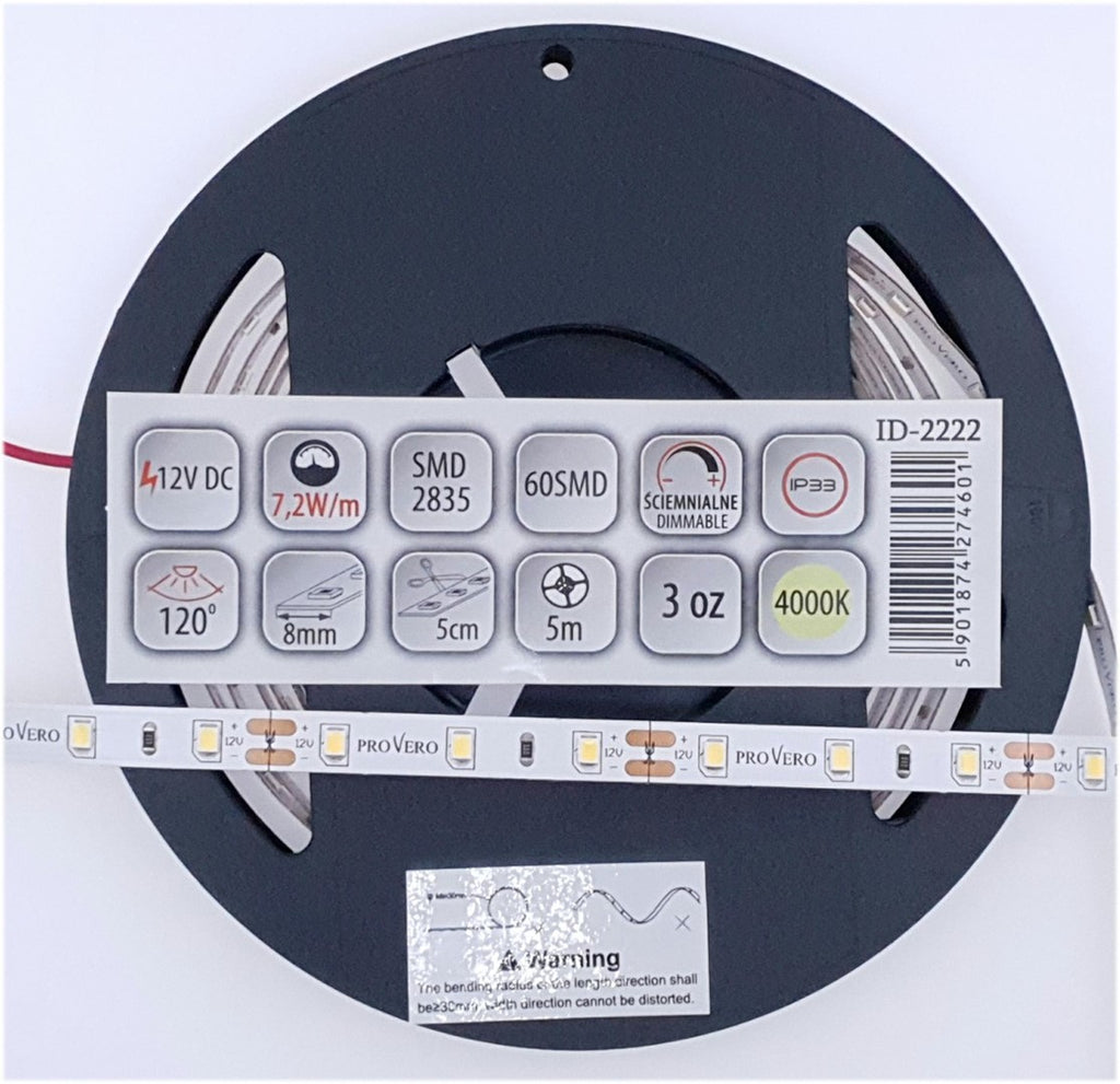 Taśma LED PRO 60 SMD 2835 IP33 4000K 7,2W, 3 lata gwarancji, rolka 5m