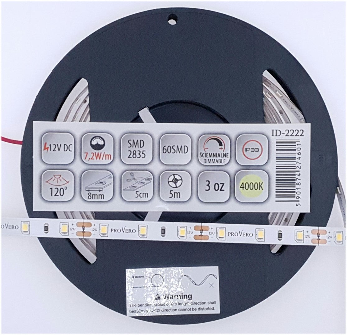 Taśma LED PRO 60 SMD 2835 IP33 4000K 7,2W, 3 lata gwarancji, rolka 5m