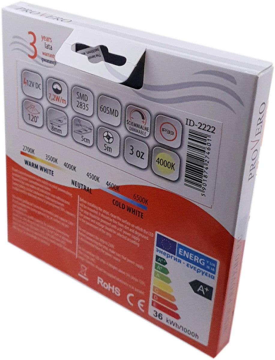 Taśma LED PRO 60 SMD 2835 IP33 4000K 7,2W, 3 lata gwarancji, rolka 5m