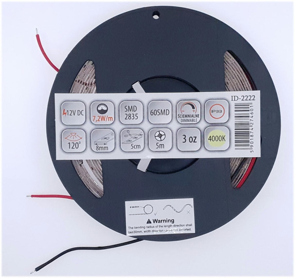 Taśma LED PRO 60 SMD 2835 IP33 4000K 7,2W, 3 lata gwarancji, rolka 5m