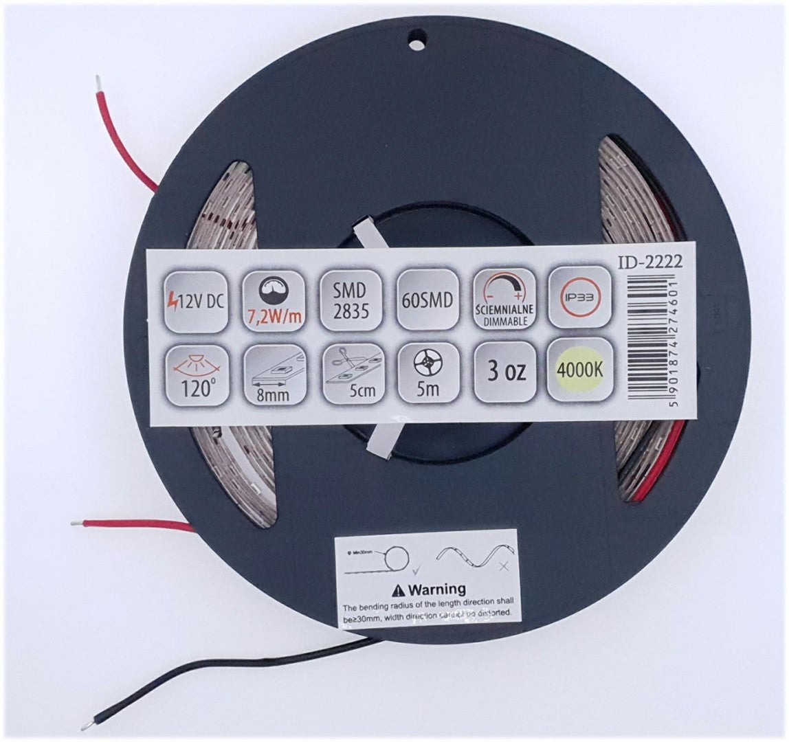 Taśma LED PRO 60 SMD 2835 IP33 4000K 7,2W, 3 lata gwarancji, rolka 5m
