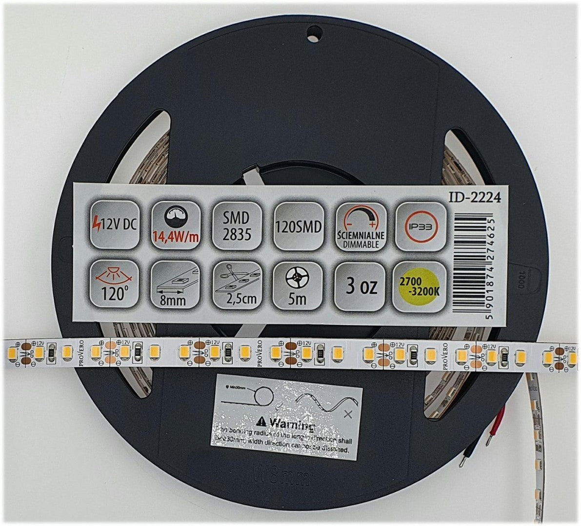 Taśma LED 120 SMD 2835 IP33 3000K 14,4W, 3 lata gwarancji, rolka 5m