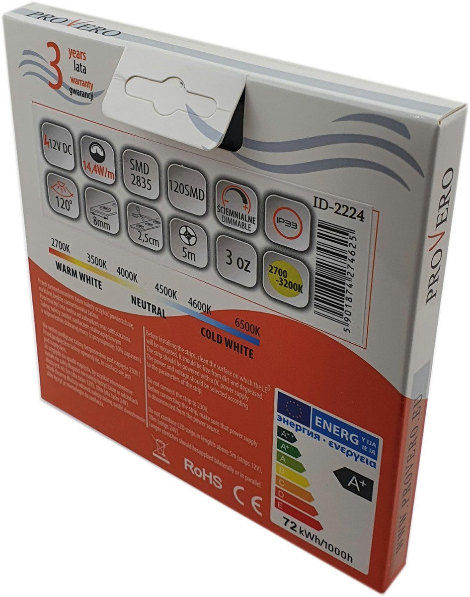 Taśma LED 120 SMD 2835 IP33 3000K 14,4W, 3 lata gwarancji, rolka 5m