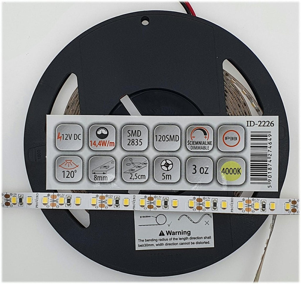 Taśma LED PRO 120 SMD 2835 IP33 4000K 14,4W, 3 lata gwarancji, rolka 5m