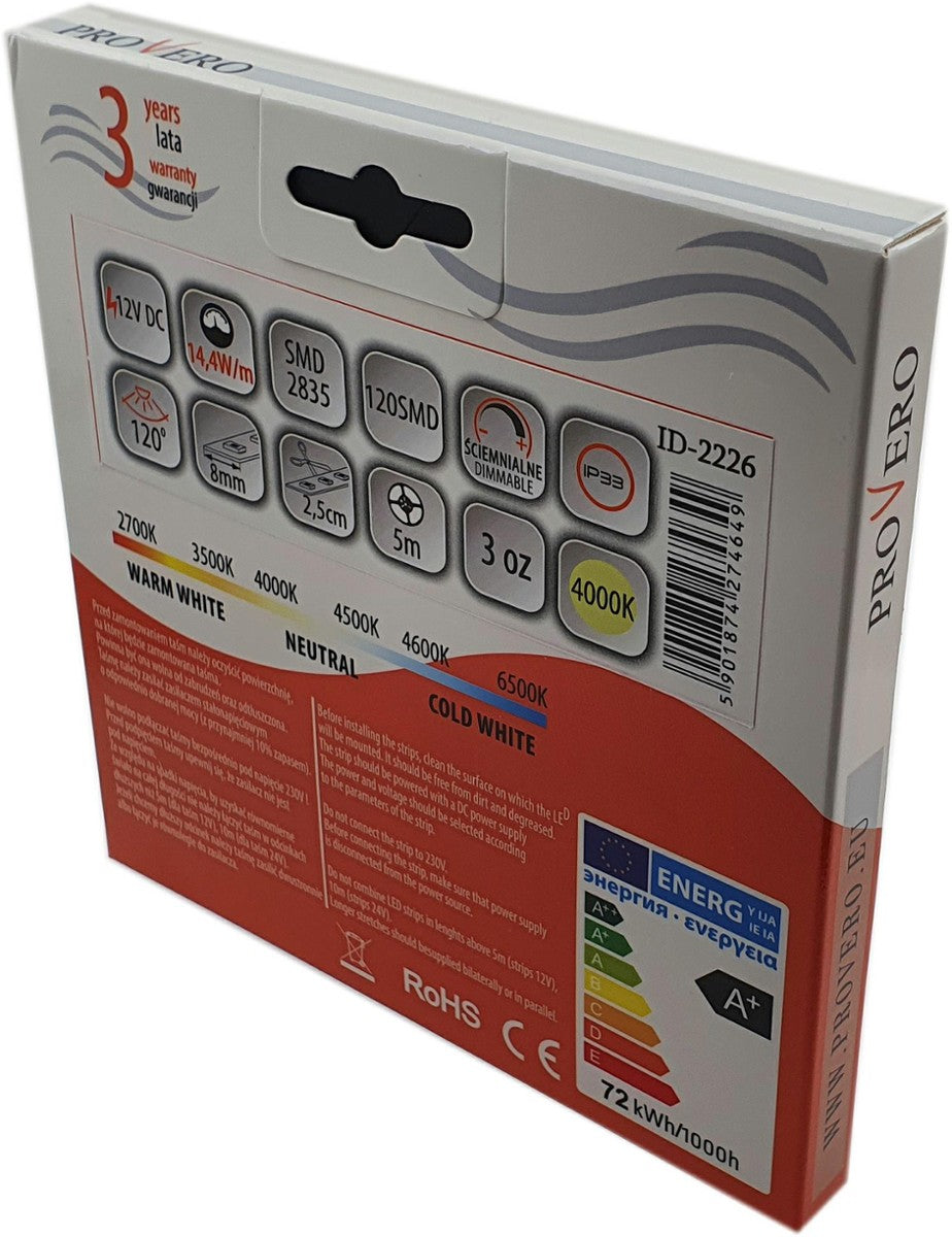 Taśma LED PRO 120 SMD 2835 IP33 4000K 14,4W, 3 lata gwarancji, rolka 5m