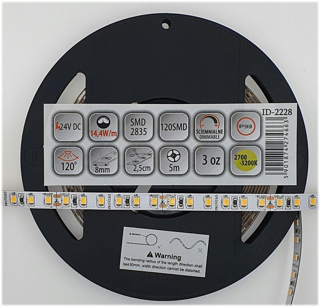 Taśma LED 120 SMD 2835 IP33 3000K 24V 14,4W, 3 lata gwarancji 5m