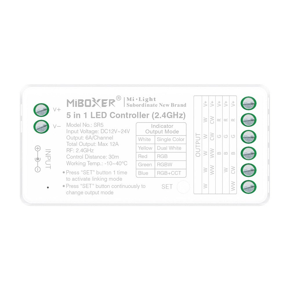 Odbiornik taśm LED 5w1 MONO/CCT/RGB/RGBW/RGBCCT 12A 2,4G RF (FUT037S+)