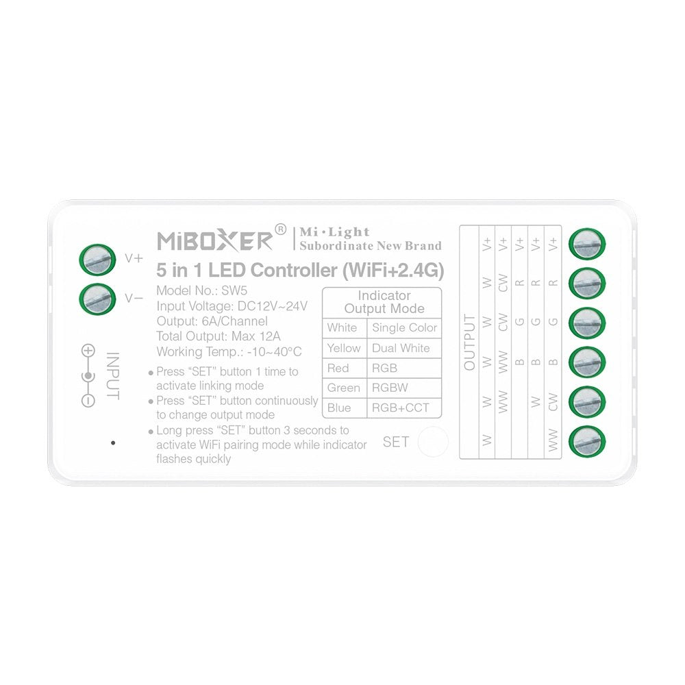 Mi-Light odbiornik taśm LED 5w1 MONO/CCT/RGB/RGBW/RGBCCT WI-FI 12A 2,4G RF (FUT037W+)