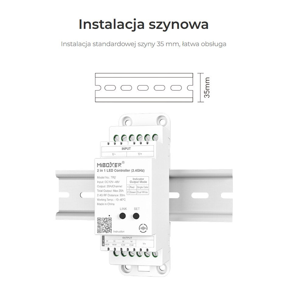 Sterownik TW2 WiFi 2.4G 20A 2in1 MONO/CCT na szynę DIN